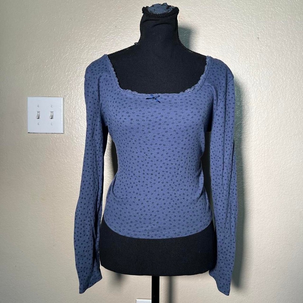 Pink Rose Y2K Blue Polka Dot Long Sleeve Scoop Neck Pointelle Knit Top Large